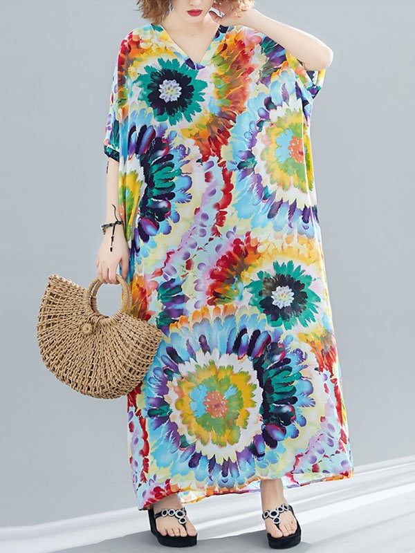 Vintage Loose Tie-Dyed Batwing Sleeves V-Neck Maxi Dress