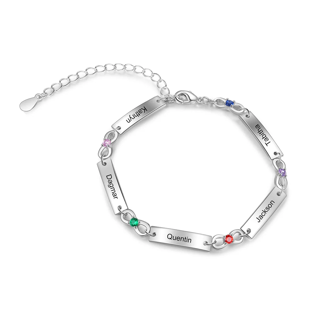 Custom Infinity Bracelet with Birthstones Engraved 5 Names Gifts for Her