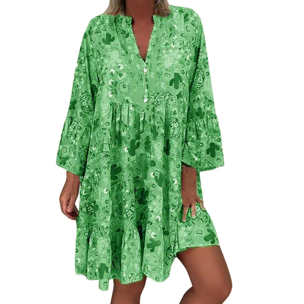 Plus Size Dress Women 5XL Loose Floral Print Long Sleeve V-Collar Button Party Mini Dresses Elegant Vestidos De Festa 2021