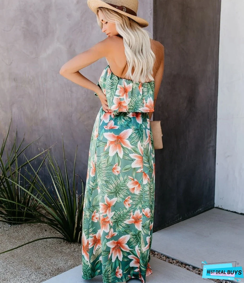 Printed one-shoulder ruffled split dress