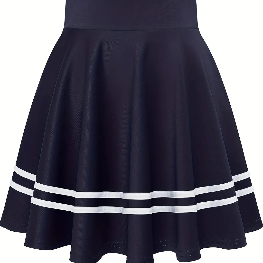 Striped A-Line Skater Skirt, Versatile High Waist Skirt For Spring & Summer, Women's Clothing