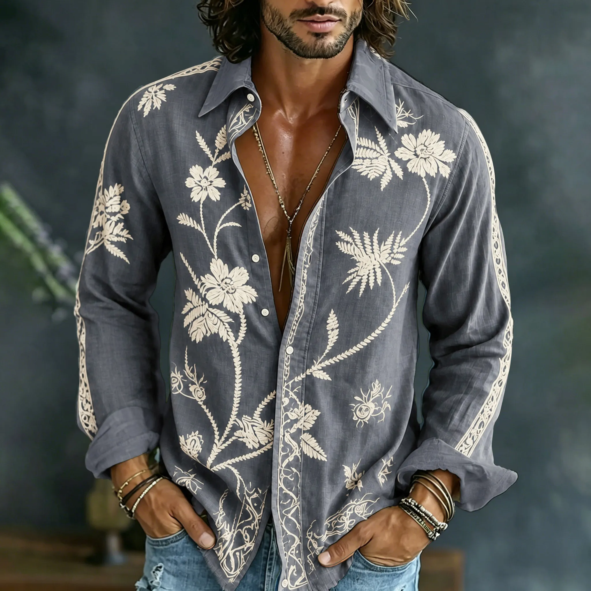 Men's Spring Floral Embroidered Art Print Flowy Linen Blend Casual Shirt artswardrobe