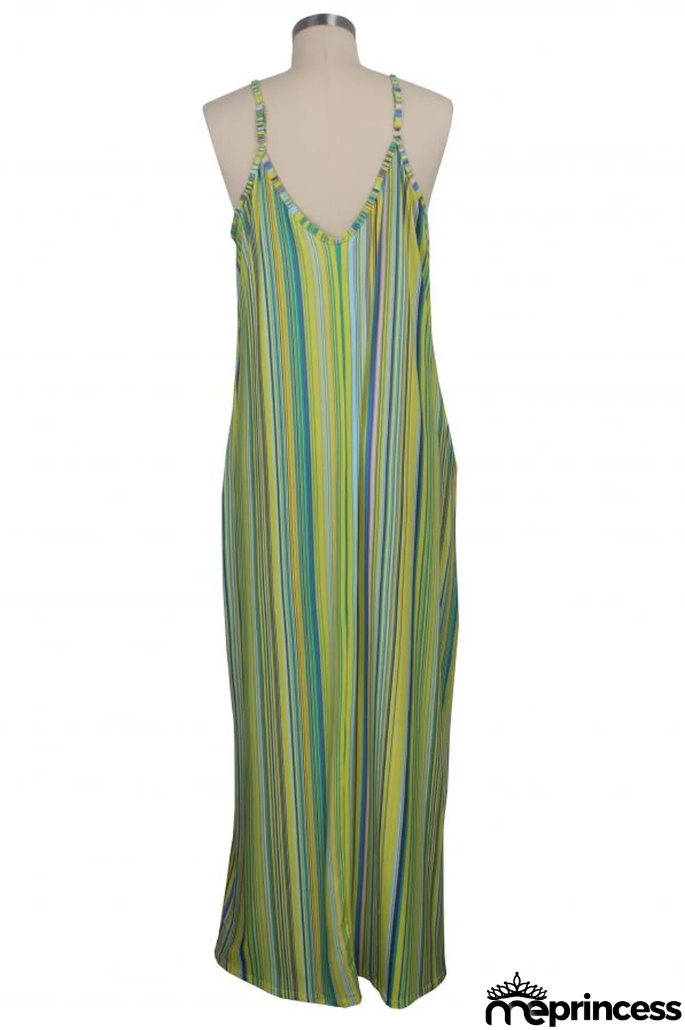 Green Polyester Sexy Fashion Tank Sleeveless Slip A-Line Floor-Length Print asymmetrical Striped Patchwork