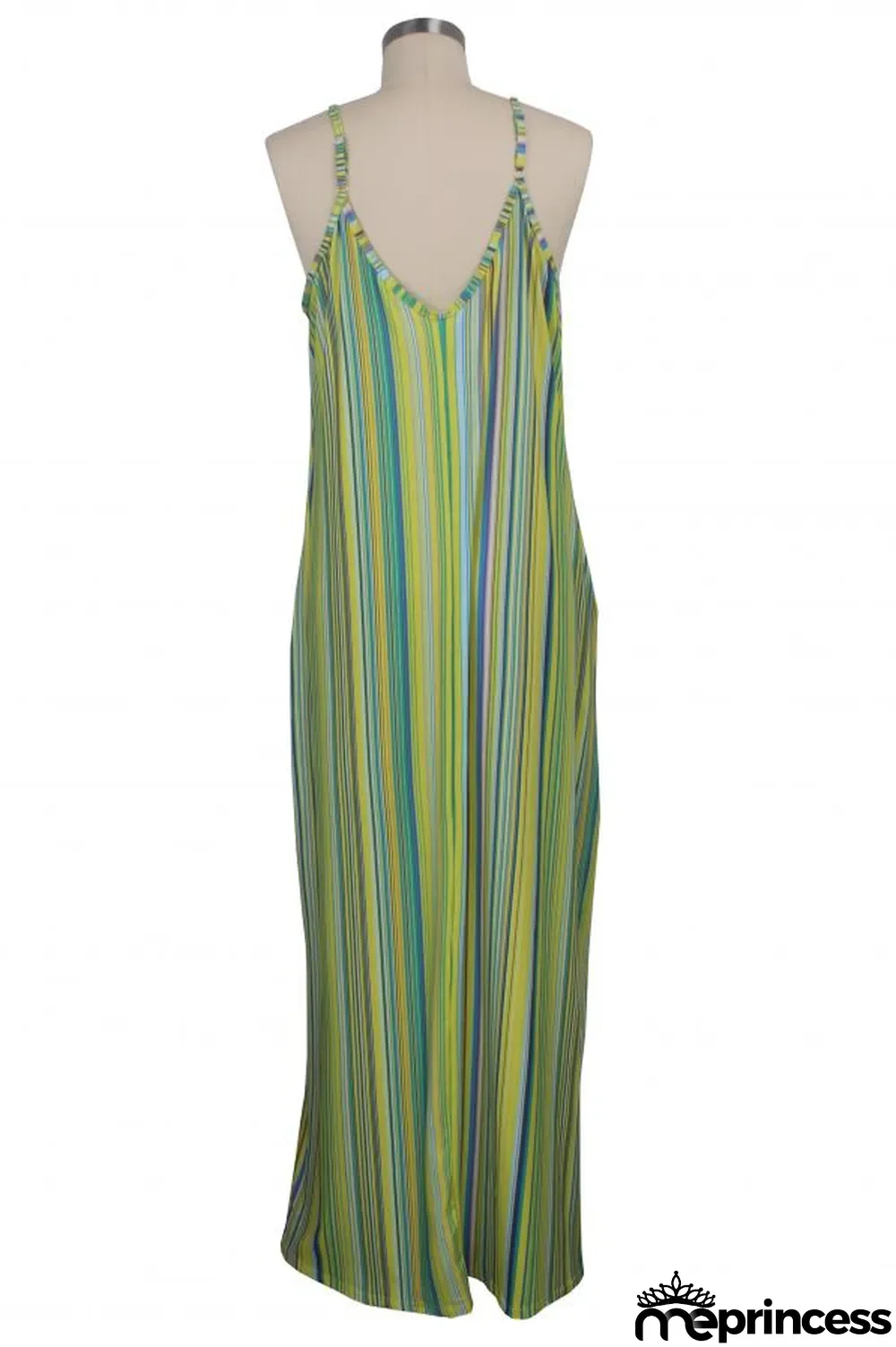 Green Polyester Sexy Fashion Tank Sleeveless Slip A-Line Floor-Length Print asymmetrical Striped Patchwork