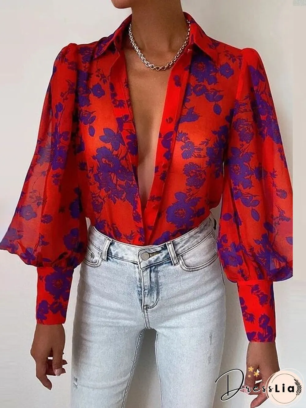 Fashion Retro Printed Pattern Button Blouses Tops Women Spring Commute Blusas Mujer New