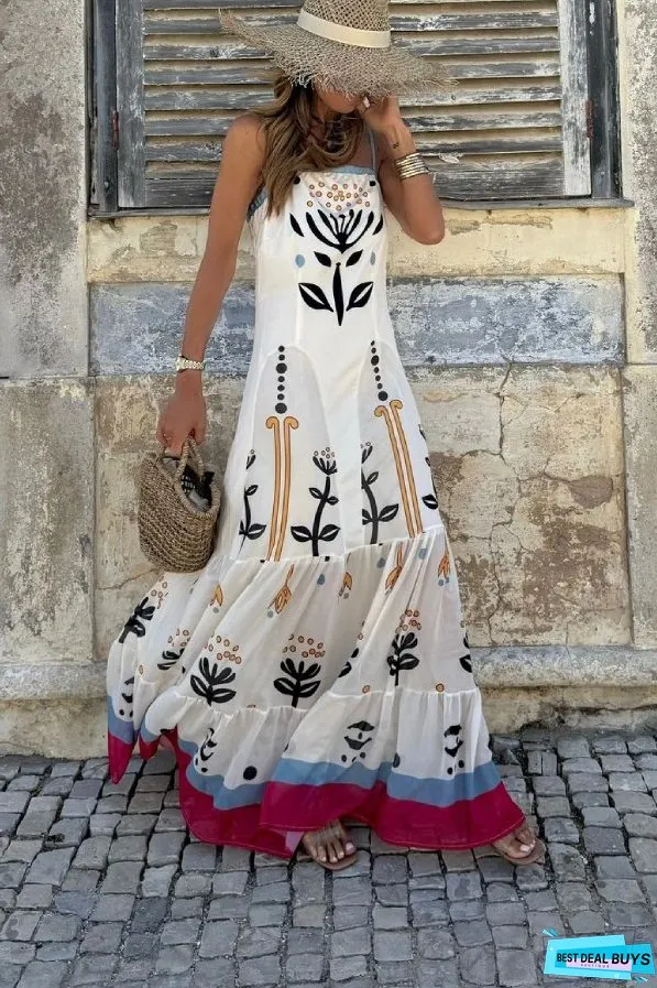 White Flat Collar Printed Patchwork Hem Loose Suspender Dress