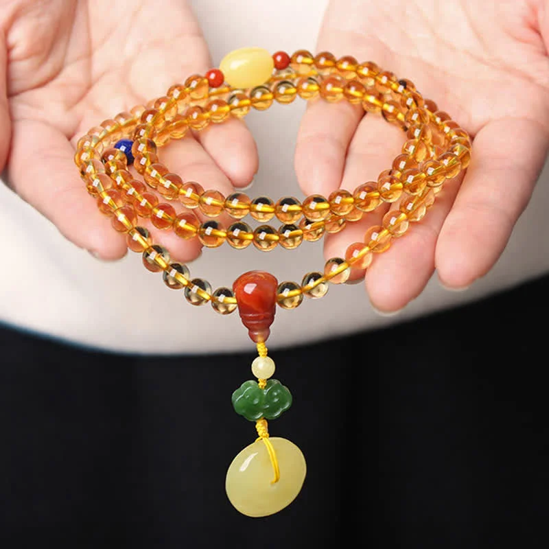 Natural Citrine Amber 108 Mala Beads Peace Buckle Red Agate PiXiu Protection Charm Bracelet
