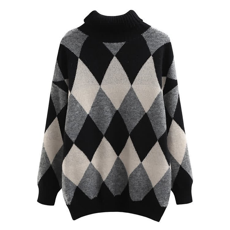 High Collar Rhombus Pattern Colorblock Knit Sweater - Modakawa Modakawa