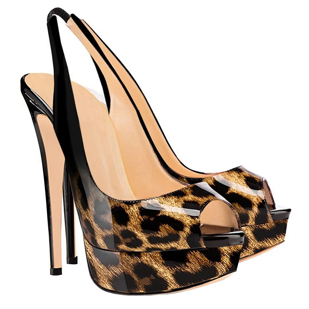 150mm Slingback Sandals Platforms Sky High Party Gradient Color Black Leopard Pumps-vocosishoes