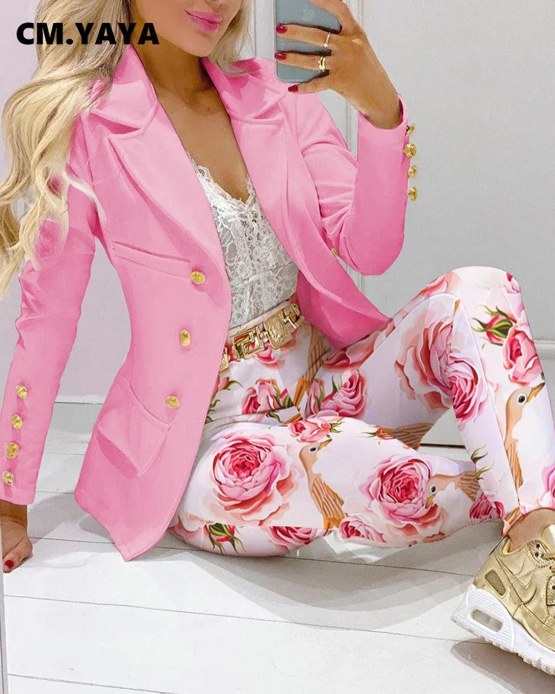 CM.YAYA Elegant Paisley Plaid Women's Set Long Sleeve Blazer Pants Suit Office Lady Tracksuit Two Piece Set Fitness Outfits