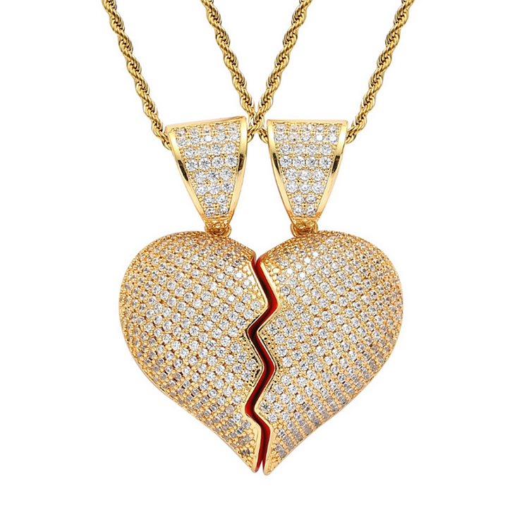 Iced Out Broken Heart Pendants Half Heart Necklace Couple Jewelry