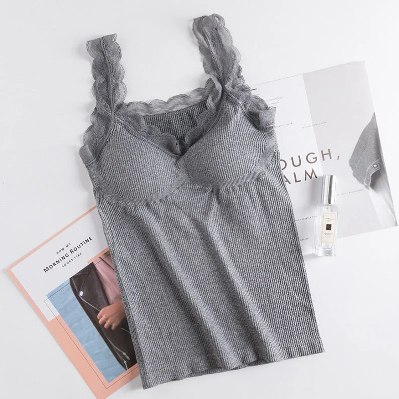 Ladies Slim Vest Top Women Clothes Breathable Knitted Tank Top Classic Undershirt Round Neck Lace Straps Black Shirt