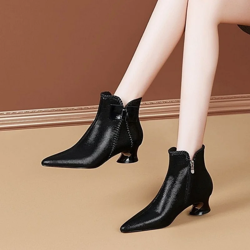 FHANCHU 2021 Microfiber Short Boots Woman,Autumn/Winter Shoes,Ankle Botas,Block Heel,Back Zip,Pointed Toe,Blue,Black,Dropship