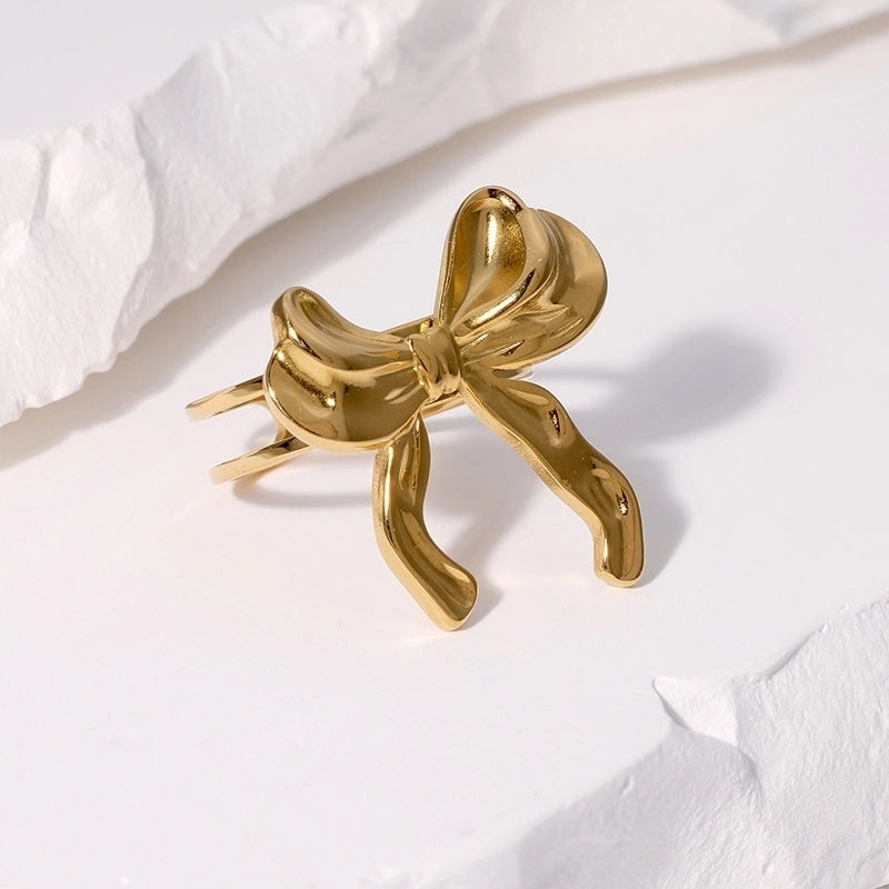 Cute Sweet Minimalist Bow Knot 304 Stainless Steel 18K Gold Plated Open Rings