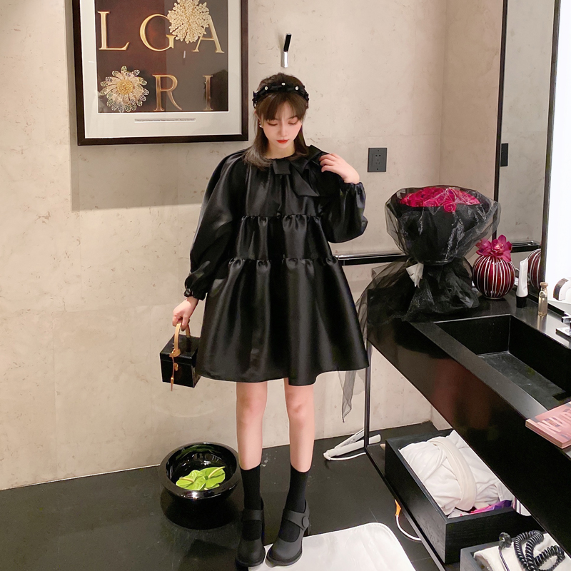 Usasaleprint Elegant Black Doll Dress Long Sleeve Women's Inner Wear Base Layer Hepburn Sle Loose Design Sense Puffy Skirt Spring Autumn