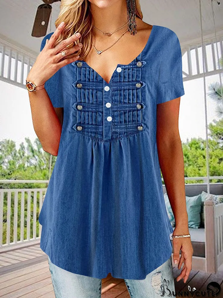 Women's Short Sleeve V-neck Blue Button Top