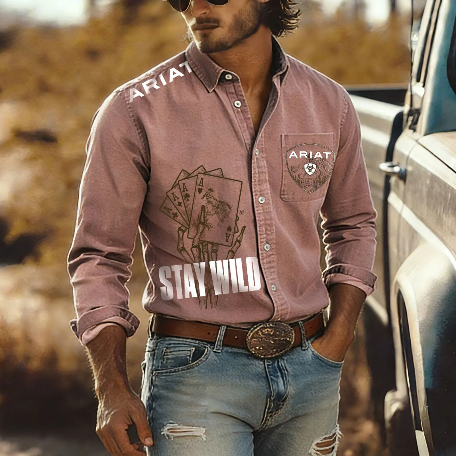 Cotton Blend Western Shirt With Stay Wild Graphic Print For Men