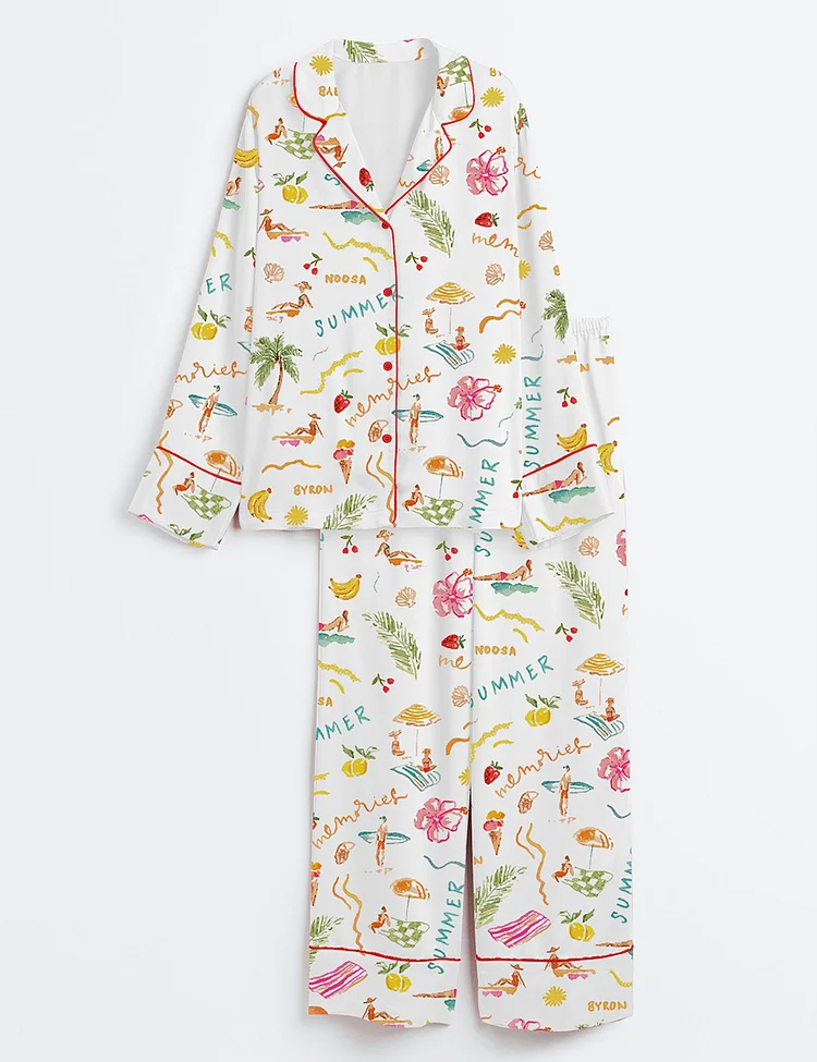 Women&rsquo;s Summer Memories Fruity Cocktails Tropical Trees Sandy Beaches Long Sleeve Satin Pajama Set
