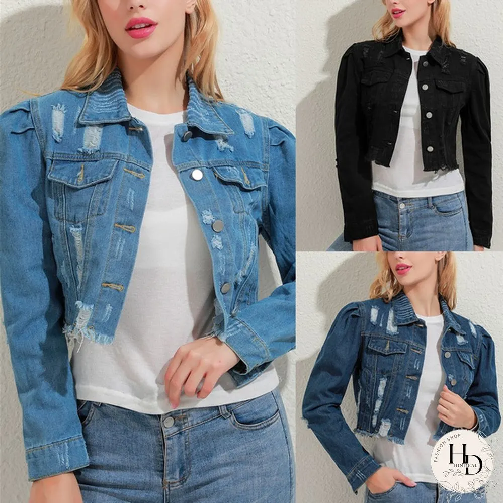 Women's Fashion Short Denim Jacket Puff Sleeve Denim Jacket
