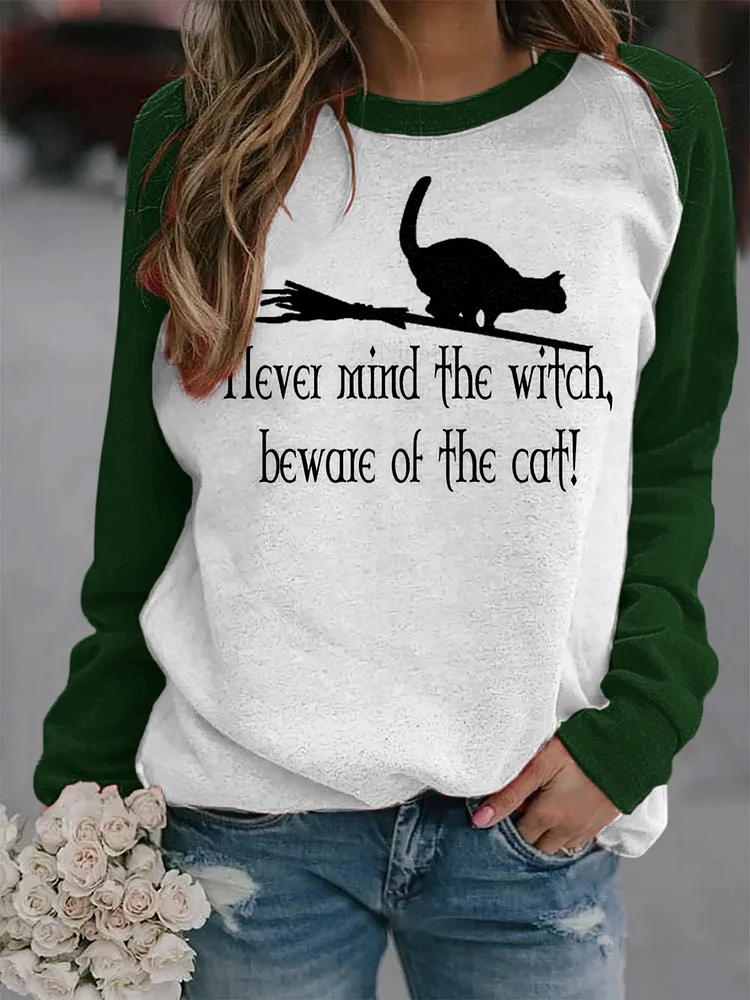 VChics I Level Mind The With，Bewale Of The Cat! Print Cotton Blend Cozy Sweatshirt