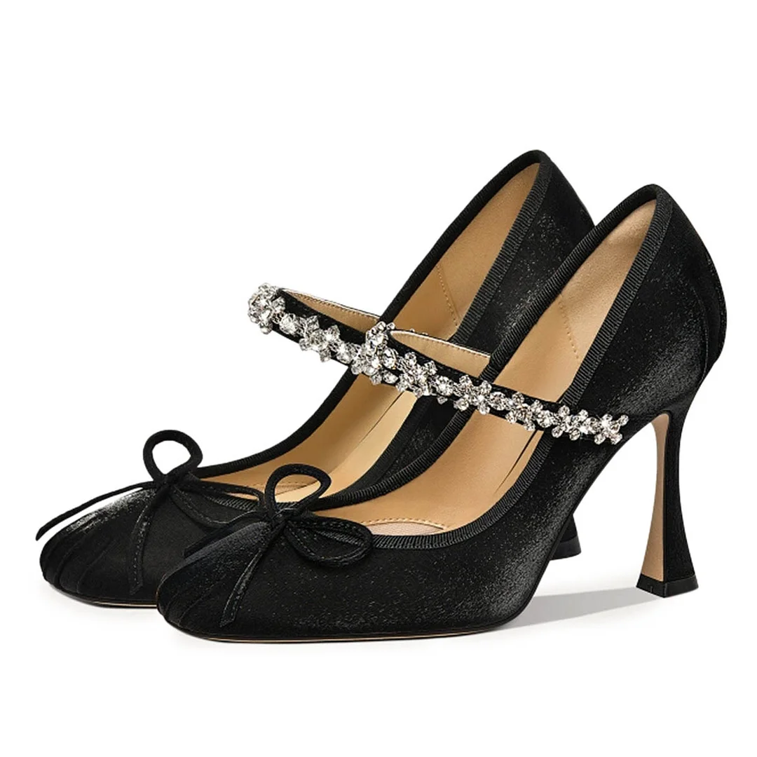 Elegant Velvet Bow Rhinestone Square Toe Flared Heel Black Pumps