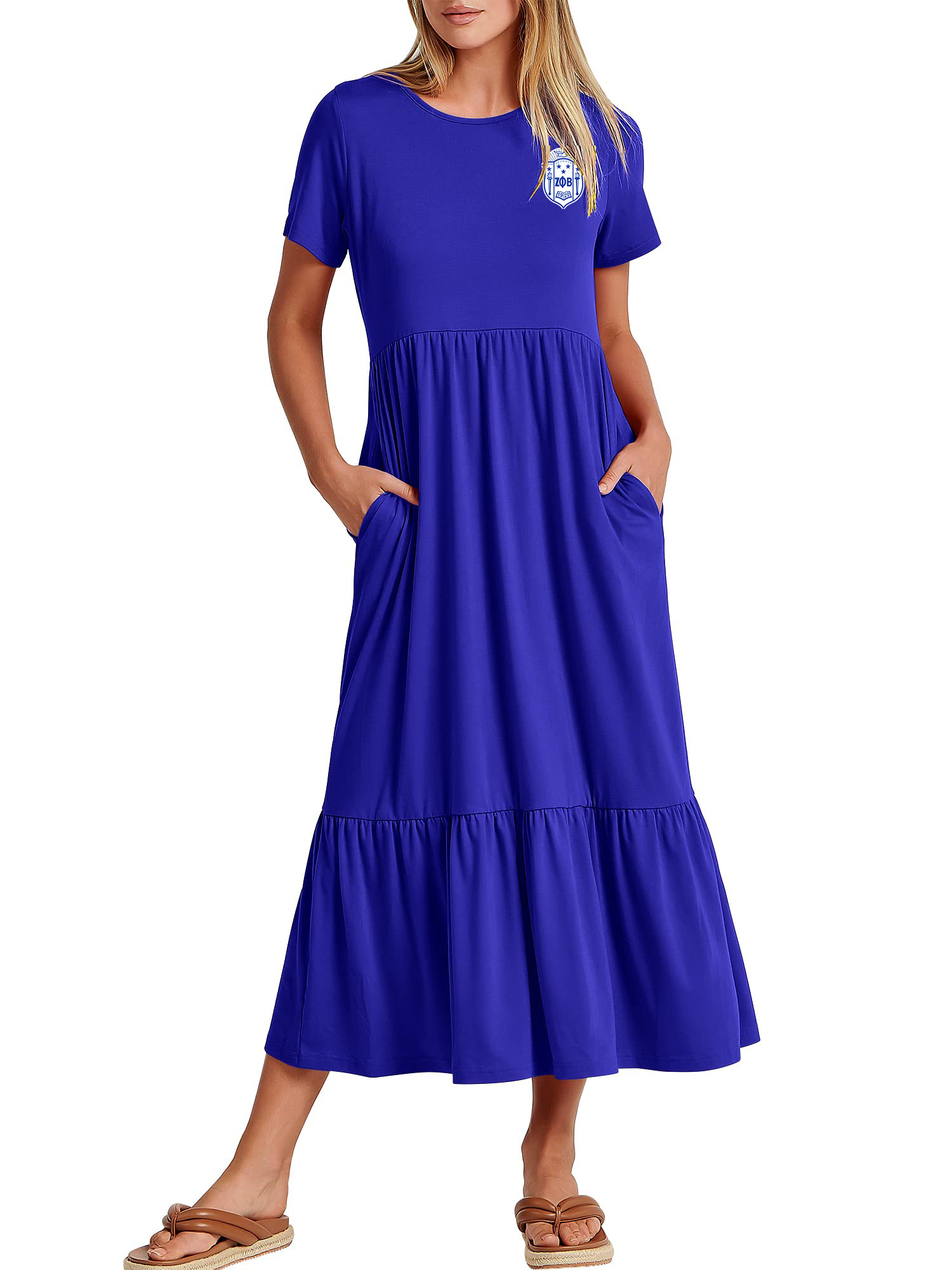 Women's Summer Casual Short Sleeve Crewneck Swing Dress Flowy Tiered Maxi Beach Dress