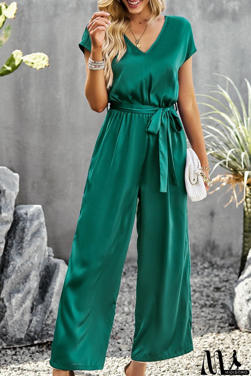 MidiSono - Tie Belt V-Neck Short Sleeve Jumpsuit