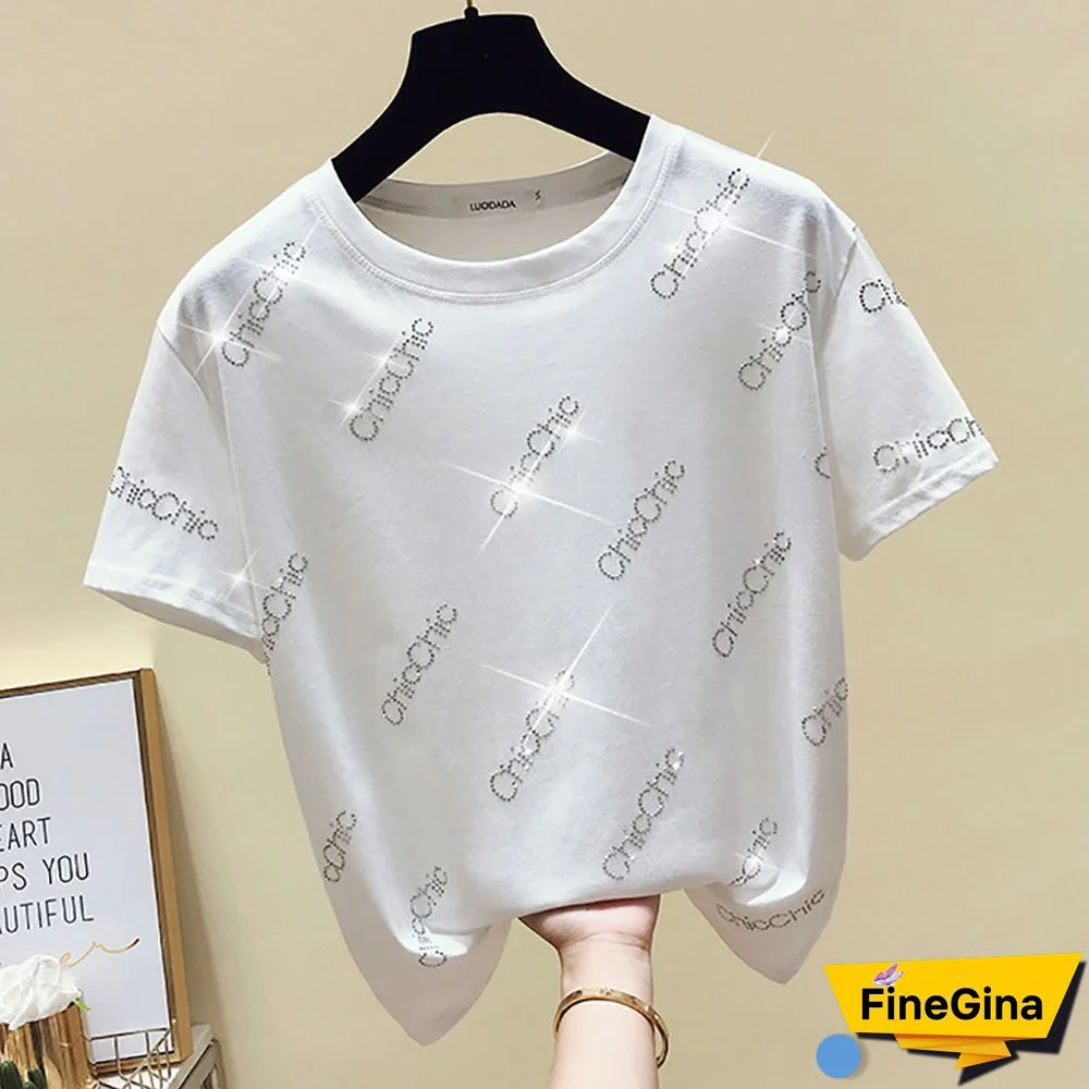 Diamonds T Shirt Letter T-Shirt Women Clothes Short Sleeve Summer Womens Tops Cotton Korean Fashion Tshirt Vetement Femme