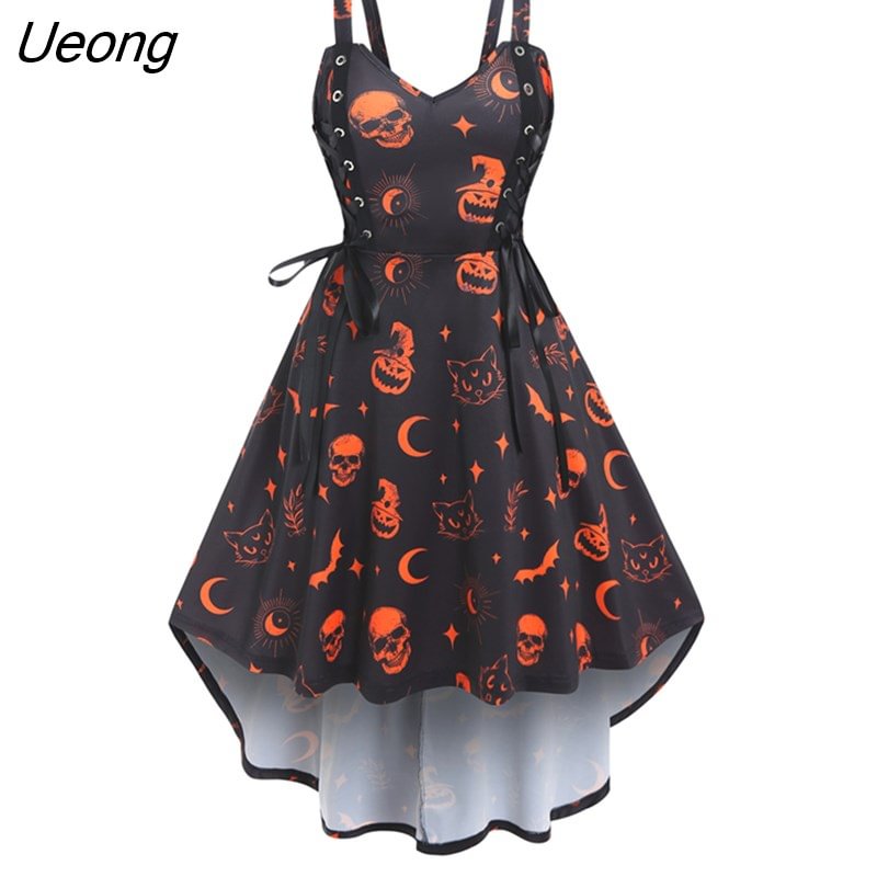Ueong Bat Skull Pumpkin Print Lace Up Midi A Line Gothic Dress Women Midi High Waisted Sleeveless Goth Style Party Robe