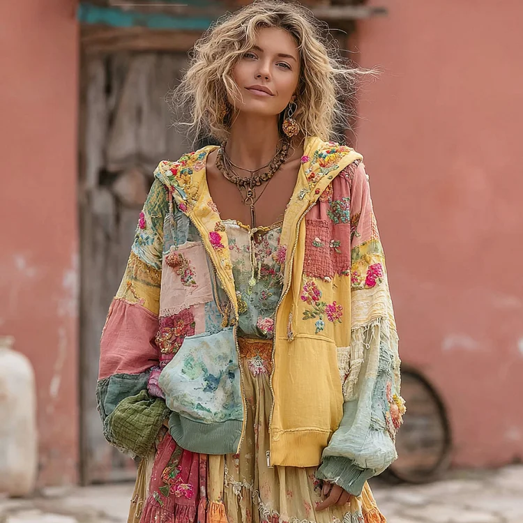 Women's Flower Embroidery Macaroon Color Patchwork Art Zipper Hoodie