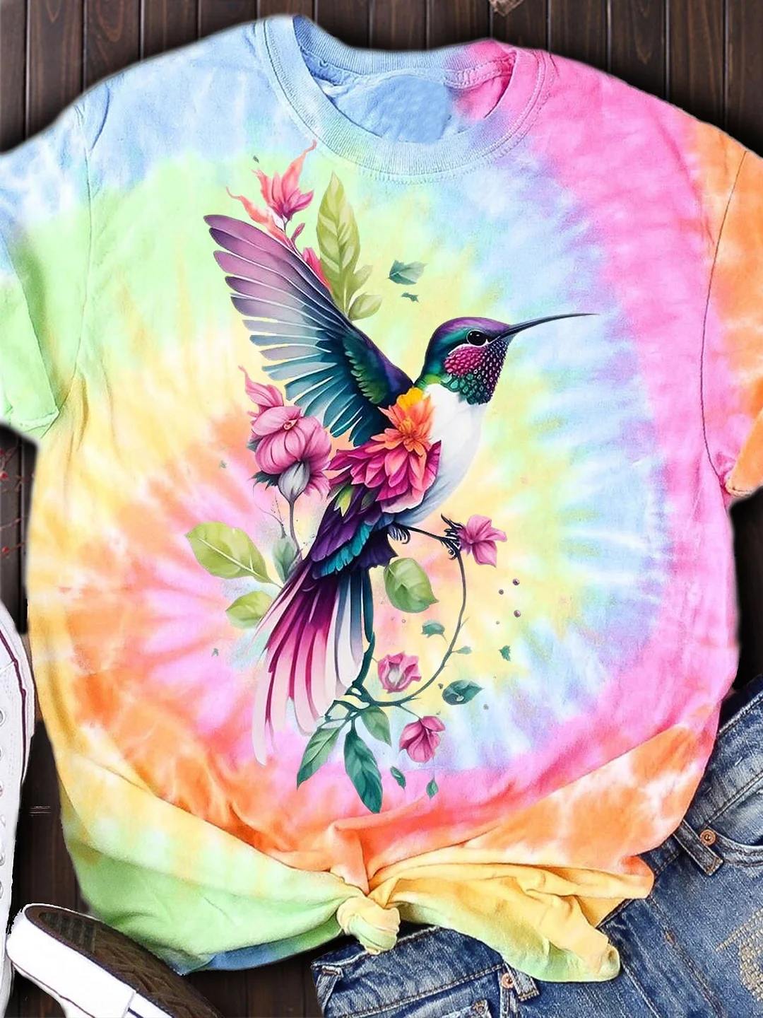 Floral Hummingbird Printed Crew Neck Women's T-shirt