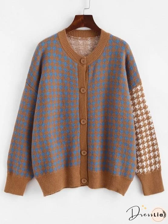 Crew Neck Button Up Houndstooth Cardigan