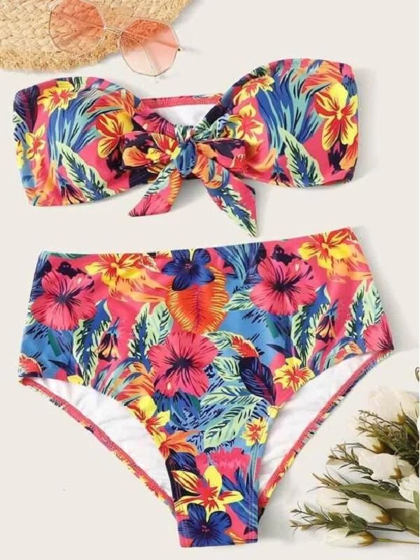 High Waist Bow Digital Printing Split Type Bikini Swimsuit