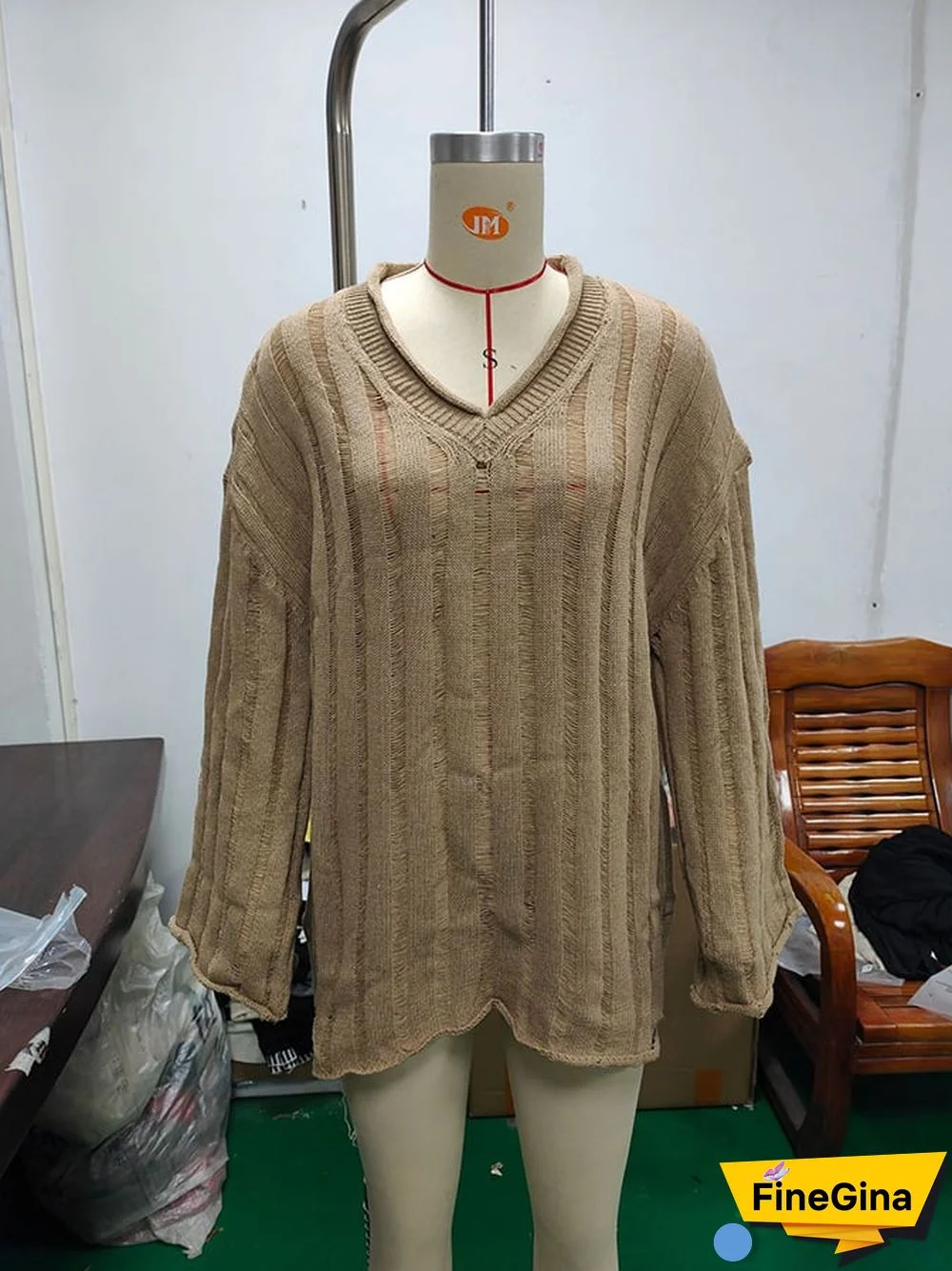 Women's Fashion Slouchy Rib Loose Pullover Rolled Edge V-Neck Sweater