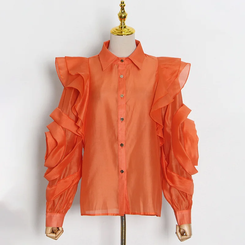 Pongl Straight Shirt For Women Lapel Long Sleeve Solid Ruffle Trim Button Through Blouse Female Korean Fashion Clothing