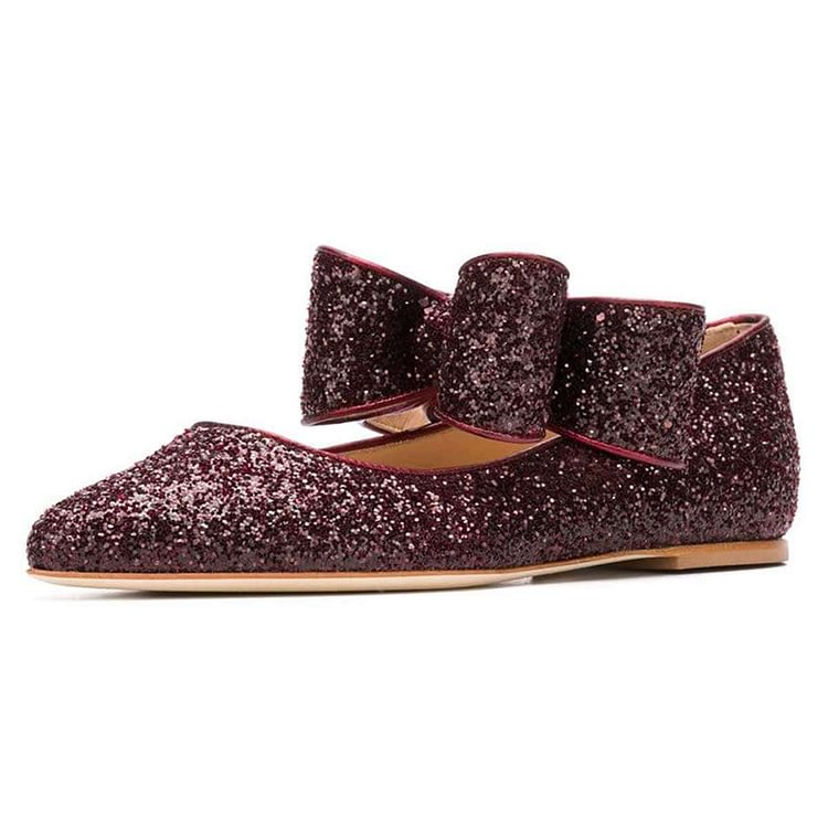 Brown Glitter Bow Pointy Toe Comfortable Flats |FSJ Shoes