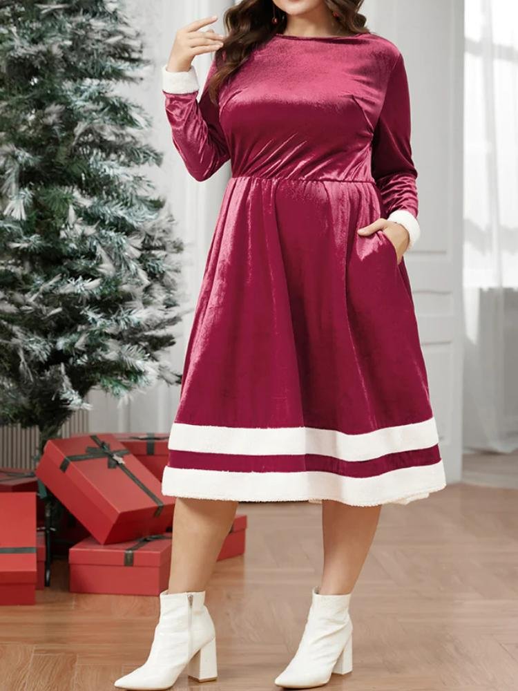 Solid Contrast Fuzzy Trim Pocket Velvet Dress