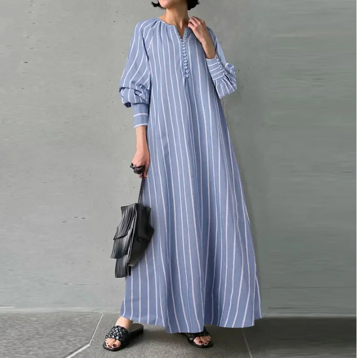 Cotton and Linen Striped Round Neck Long-sleeved Simple Loose Dress