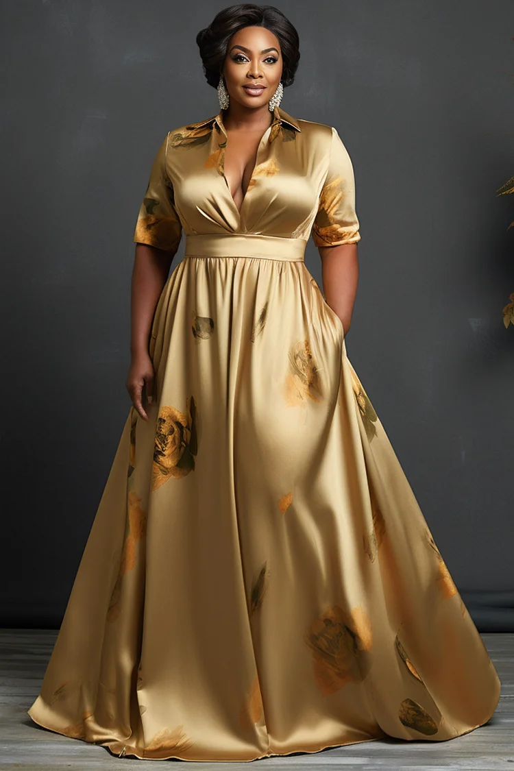 Xpluswear Design Plus Size Formal Gold Elegant Floral Shirt Collar Short Sleeve Pocket Satin Maxi Dresses [Pre-Order] 2024 - Xpluswear