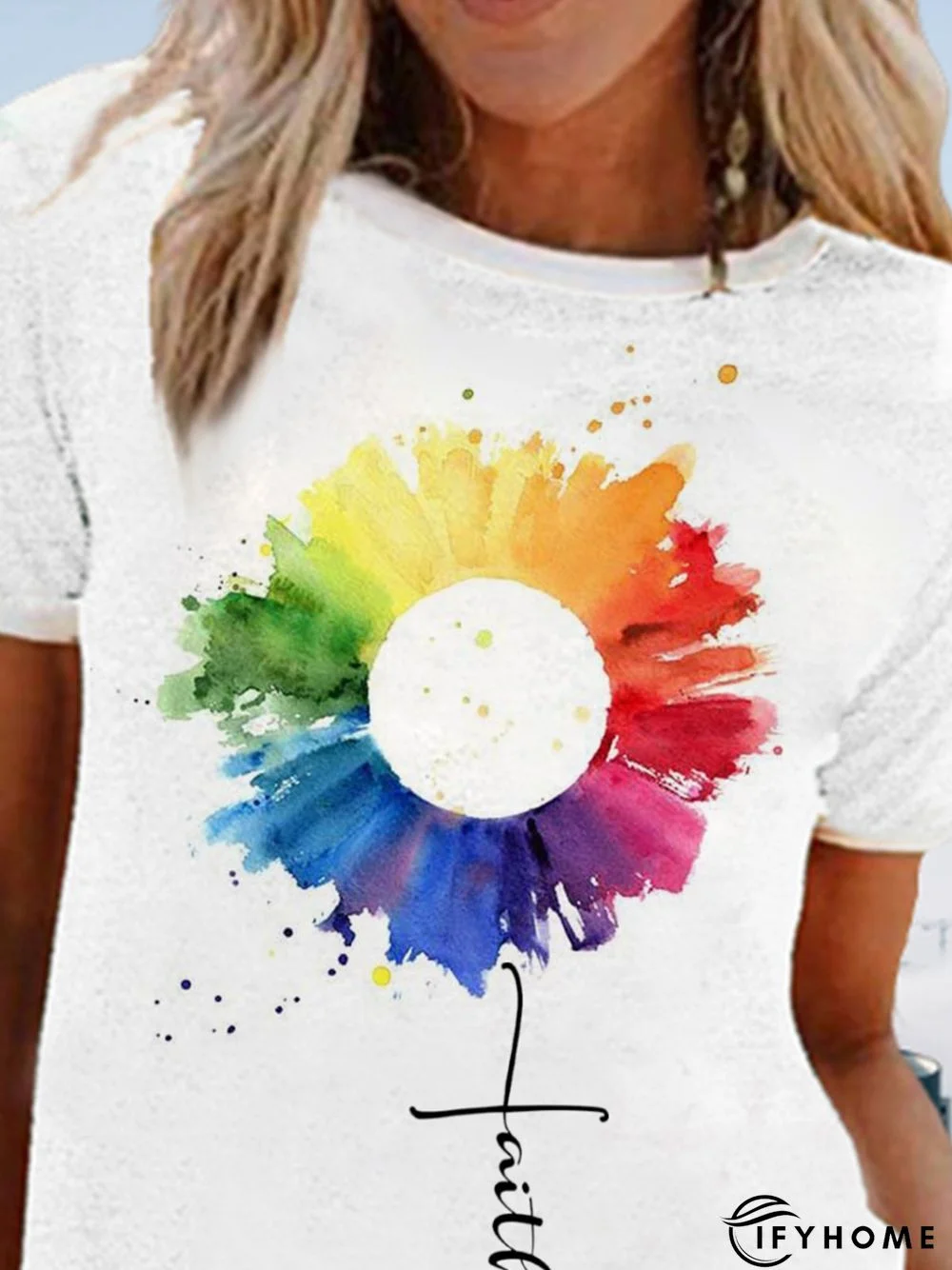 White Casual Cotton-Blend Short Sleeve T-shirt | IFYHOME