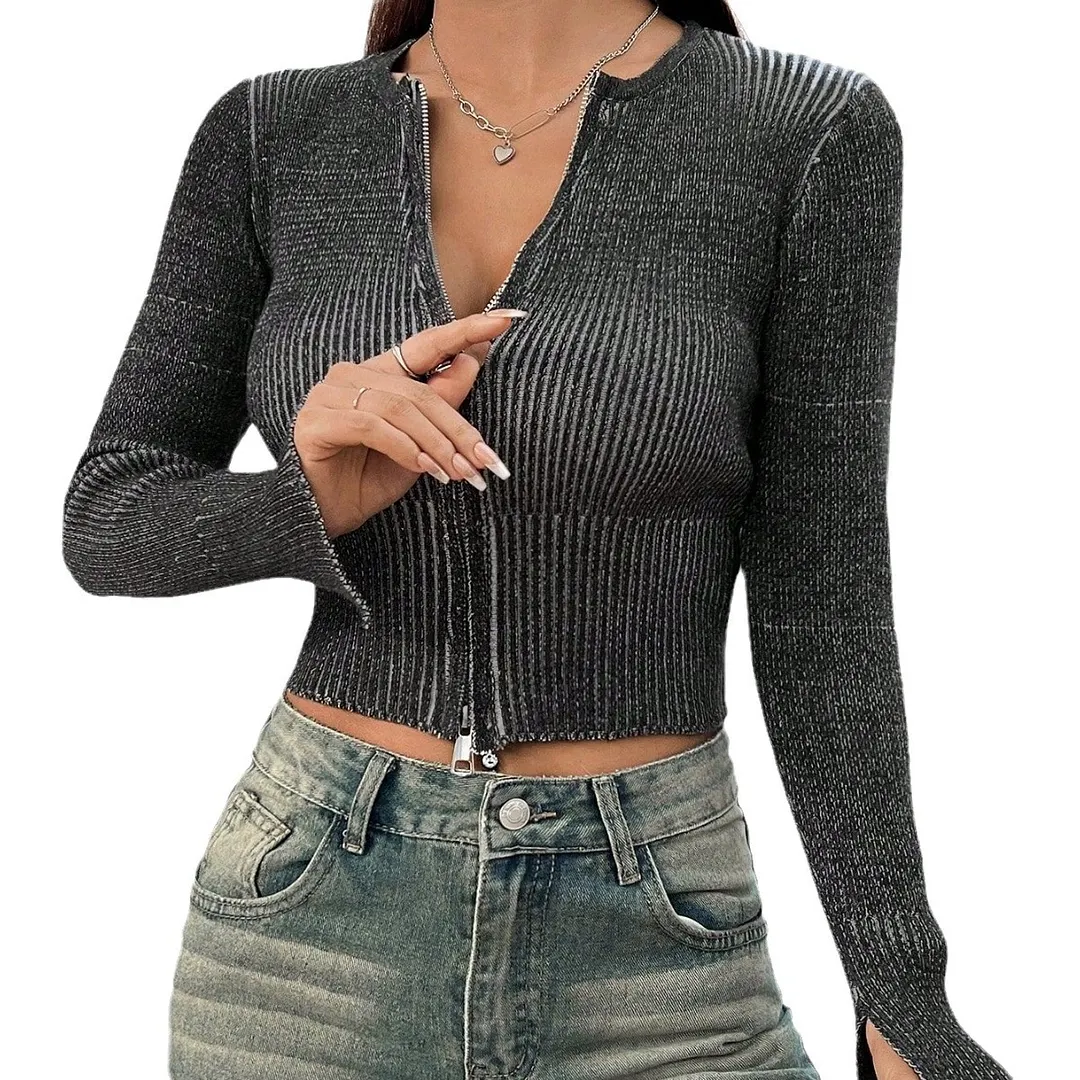 Nigikala Nigikala Vintage Autumn Pair Hottie Double-Opened Zipper Sexy Blouse Woman
