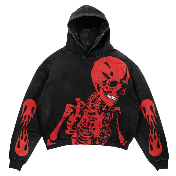 Gothic Red Skull Print Hoodies Oversized Sweatshirt Hoodie Goth Y2k Tops at Hiphopee