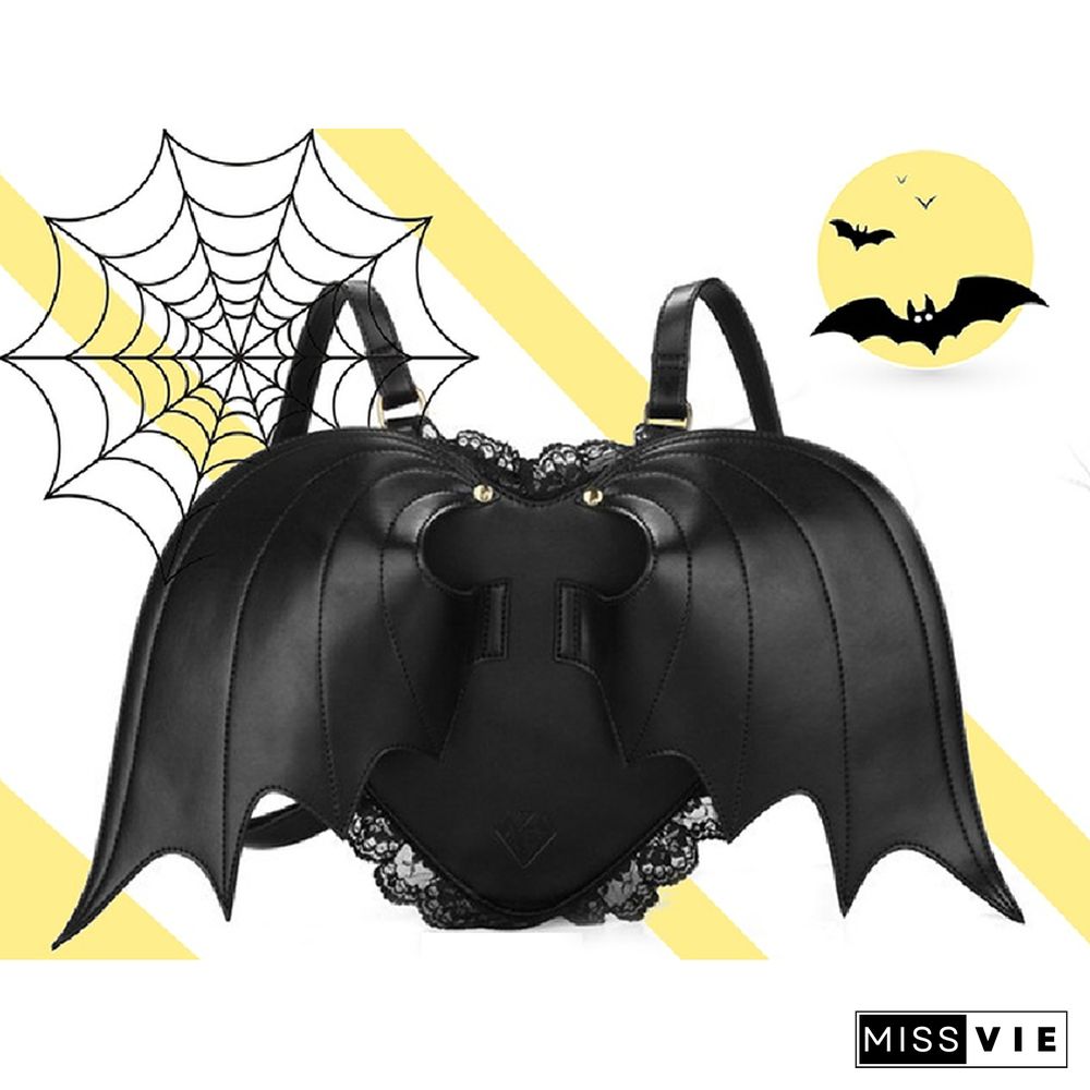 Love Heart Black Angel Devil Bat Wings Lace Backpack