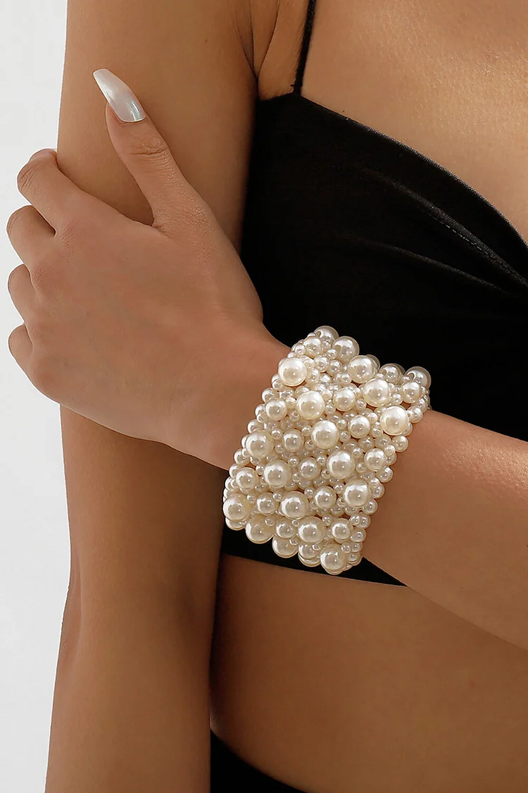 Faux Pearls Beaded Elegant Wide Bracelet