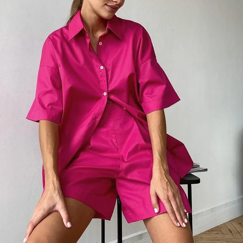 Casual Women Short Set Tracksuit Loungewear Two Piece Women Outfits Oversized Long Shirt And High Waist Shorts Green