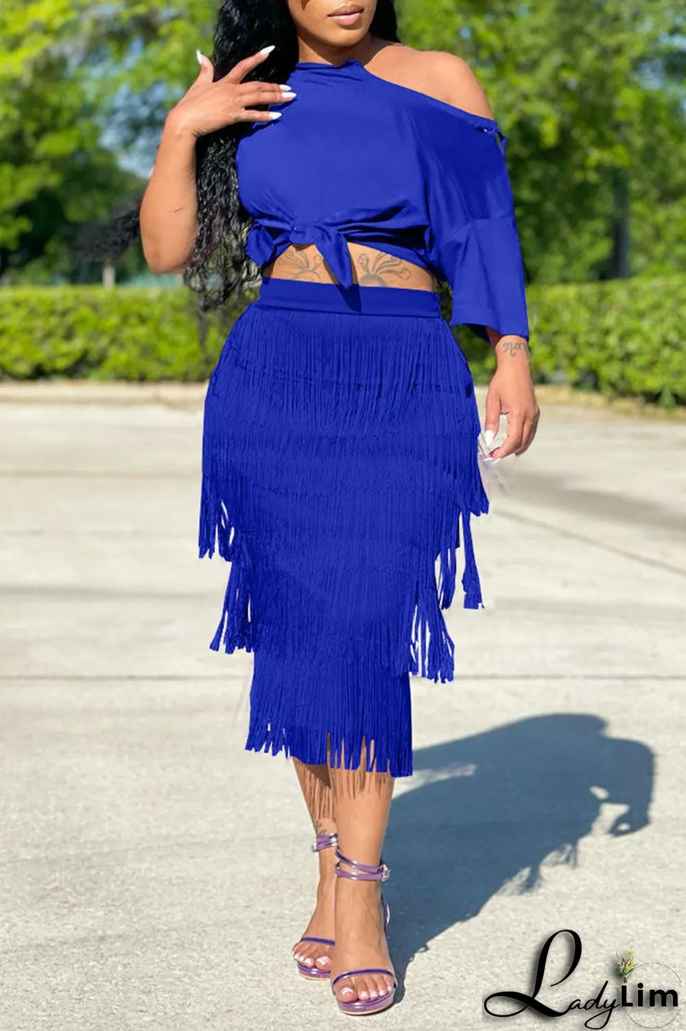 Tangerine Casual Solid Tassel Split Joint Asymmetrical Asymmetrical Collar Short Sleeve Two Pieces