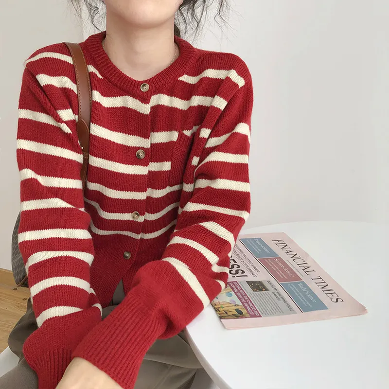 Churchf Churchf East Gate Stripe Sweater Coat Female Cardigan Loose New Style Lazy Wind Spring And Autumn Outfit Outside Build Sweater Female