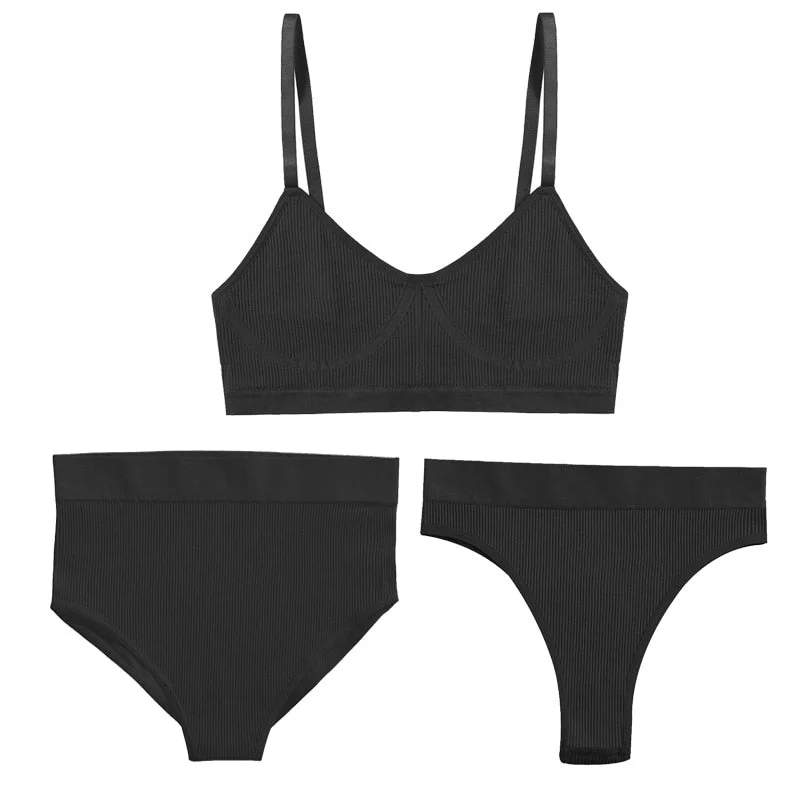3PCS Bra Set Women Underwear Sexy High Waist Bodyshaper Briefs Thong Panties Female Bralette Lingerie Basic Top Active Brassiere
