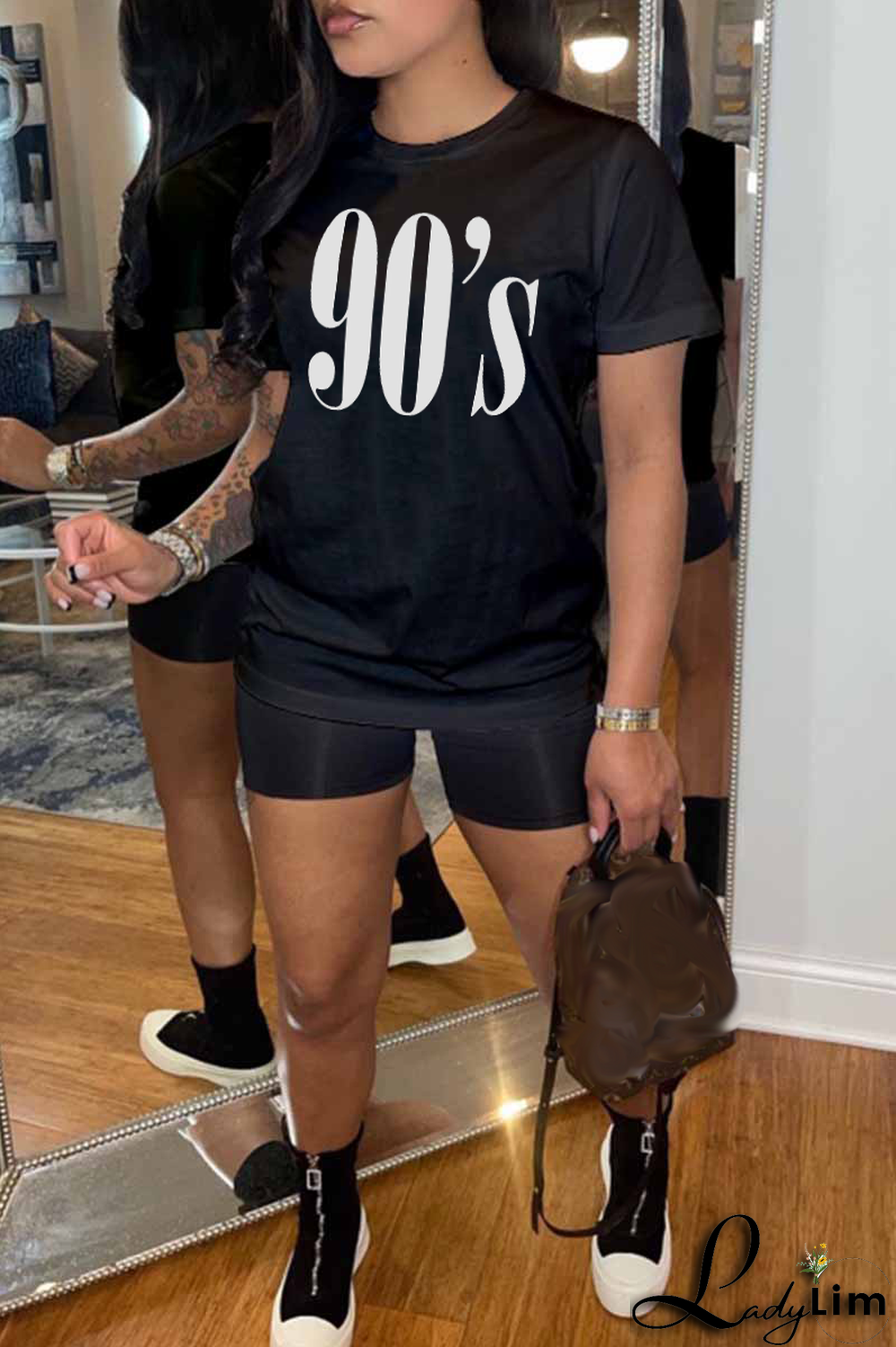 Black Casual Street Print Patchwork O Neck T-Shirts