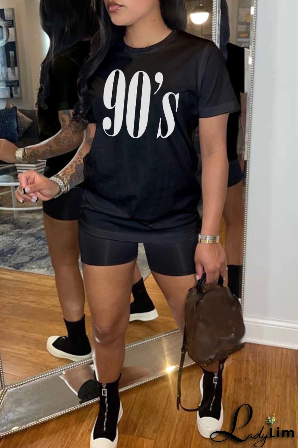 Black Casual Street Print Patchwork O Neck T-Shirts
